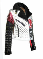 Men's Handmade Victor Luna White Black Studded Rock Punk Genuine Leather Jacket