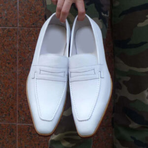 Men's Handmade White Leather Penny Loafer Shoes, Men's Casual Shoes