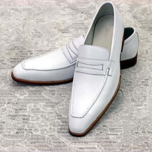 Men's Handmade White Leather Penny Loafer Shoes, Men's Casual Shoes