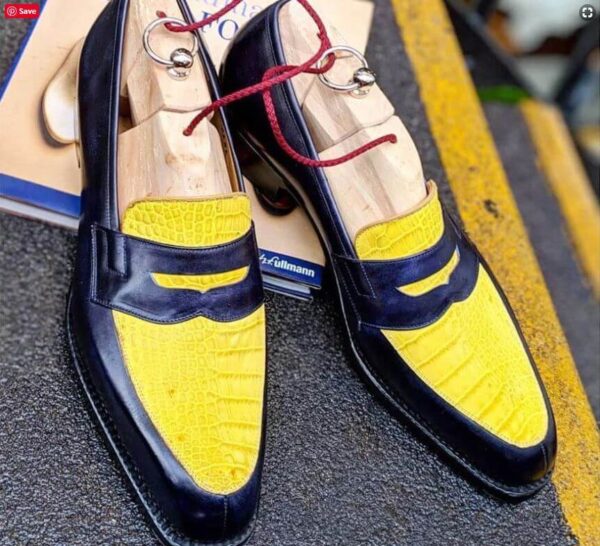 Men's Handmade Yellow & Black Alligator & Pebbled Leather Shoes, Penny Loafers Shoes