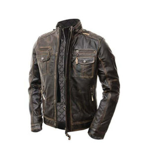 Men’s Motorcycle Biker Slim Fit Vintage Distressed Brown Cafe Racer Real Leather Jacket