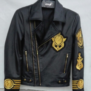 Men's New Handmade Embroidery Patches Golden Black Brando Style Leather Jacket