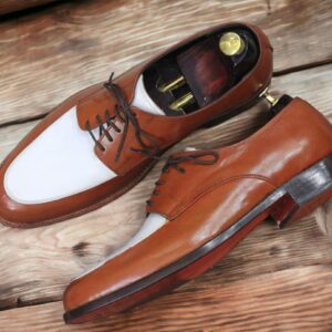 Men's Pure Brown&White Lace Up Derby Leather Shoes, Men's Dress Shoes