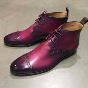 Men's Purple Cap Toe Leather Ankle Boots. Men Dress Formal Fashion Leather Boot