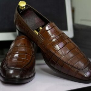 Men's Stylish Alligator Texture Handmade Penny Loafer  Shoes , Men's Brown Shoes