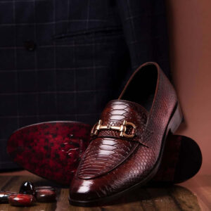 Men's Burgundy Stylish Python Leather Handmade Loafer Shoes