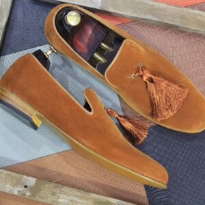 Men's Tan Suede Shoes, Handmade Loafer Tussle Shoes