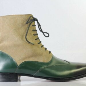 Bespoke Beige Green Wing Tip Lace Up Boots for Men - leathersguru