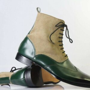 Bespoke Beige Green Wing Tip Lace Up Boots for Men - leathersguru