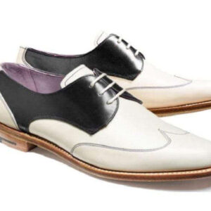 Men's Black White Leather Lace Up Wing Tip Shoes - leathersguru