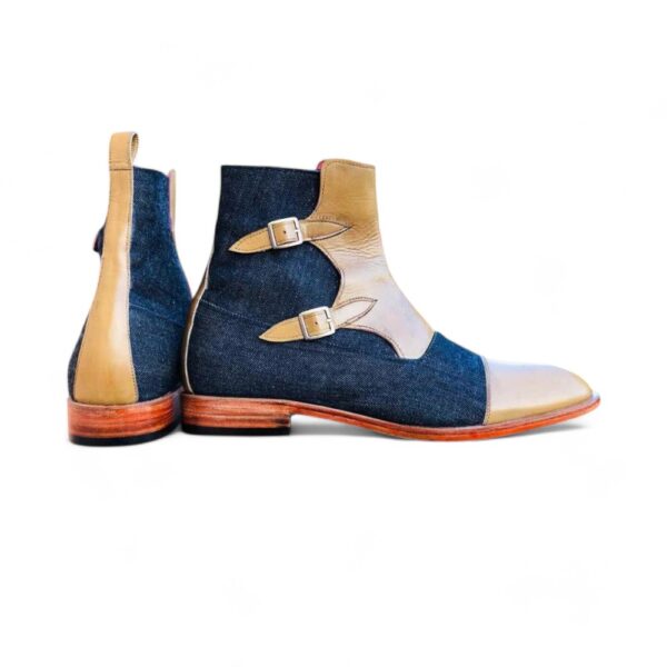 Men's Beige & Blue Cap Toe Denim Leather Boot