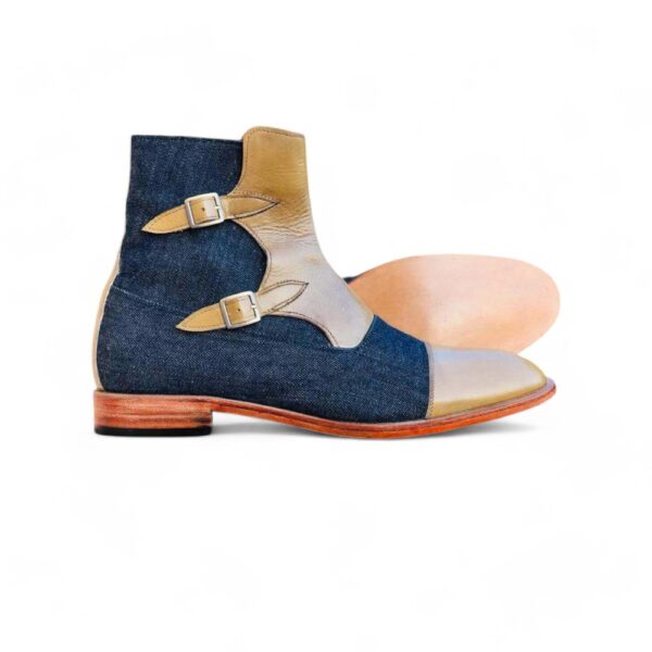 Men's Beige & Blue Cap Toe Denim Leather Boot