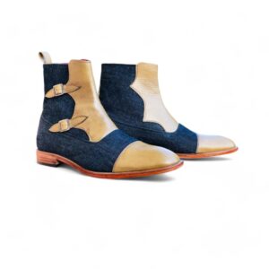 Men's Beige & Blue Cap Toe Denim Leather Boot