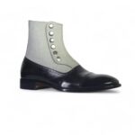 Men's Black White Ankle Button Top Leather Denim Boot