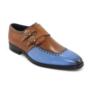 Mens Blue Brown Monk Double Buckle Straps Original Leather Toe Men Shoes