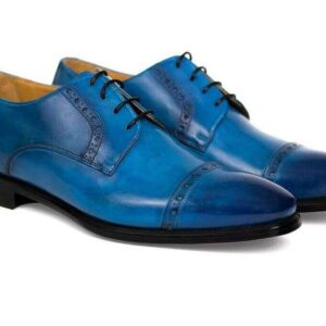 Men's Blue Leather Cap Toe Lace Up Shoes - leathersguru