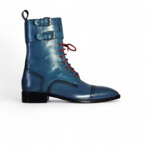 Men’s Blue Leather Ankle High Red Lace Up Boot,Handmade Boot