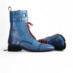 Men’s Blue Leather Ankle High Red Lace Up Boot,Handmade Boot