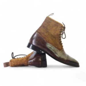 Men’s Brown Ankle Cap Toe Leather Suede Lace Up Boots