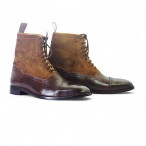 Men’s Brown Ankle Cap Toe Leather Suede Lace Up Boots