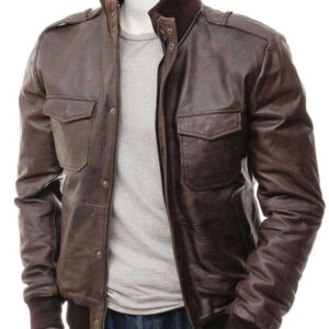 Men's Brown Bomber Leather Jacket, Zipper Closer Genuine Leather Jacket - leathersguru