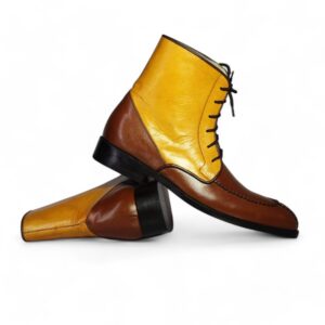 Men’s Brown & Yellow Ankle Split Toe Leather Lace Up Boots