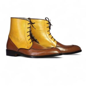 Men’s Brown & Yellow Ankle Split Toe Leather Lace Up Boots