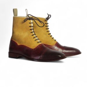 Men’s Burgundy & Tan Ankle Cap Toe Leather Suede Lace Up Boots