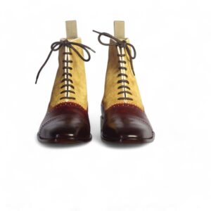 Men’s Burgundy & Tan Ankle Cap Toe Leather Suede Lace Up Boots