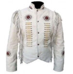 Men's Cowboy Leather Jacket Western Coat Fringes Beads White Jacket - leathersguru