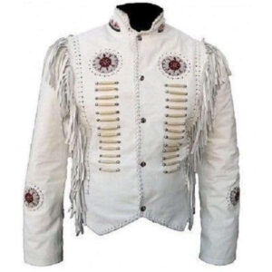 Men's Cowboy Leather Jacket Western Coat Fringes Beads White Jacket - leathersguru