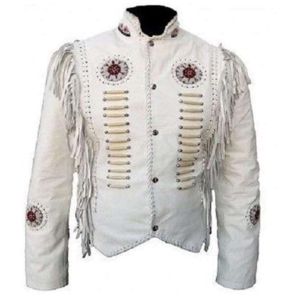 Men's Cowboy Leather Jacket Western Coat Fringes Beads White Jacket - leathersguru