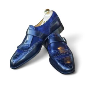 Mens Elegant Navy Blue Monk Shoes, Men Blue Fringe Dress Shoes