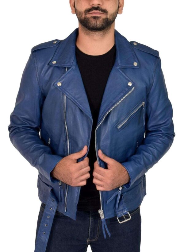 Genuine Blue Lambskin Leather Jacket Slim Fit Biker Motorcycle jacket - leathersguru