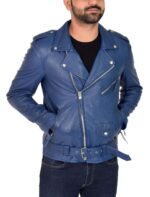 Genuine Blue Lambskin Leather Jacket Slim Fit Biker Motorcycle jacket - leathersguru