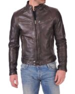 Men's Genuine Lambskin Leather Chocolate Brown Bomber Slim Fit Biker Leather Jacket - leathersguru