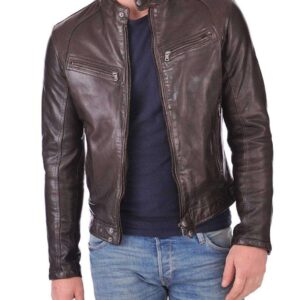 Men's Genuine Lambskin Leather Chocolate Brown Bomber Slim Fit Biker Leather Jacket - leathersguru