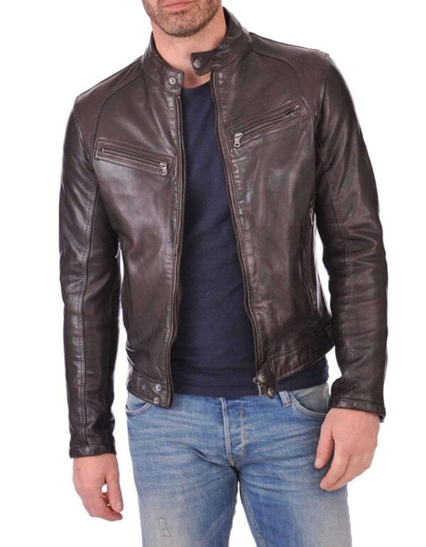 Men's Genuine Lambskin Leather Chocolate Brown Bomber Slim Fit Biker Leather Jacket - leathersguru