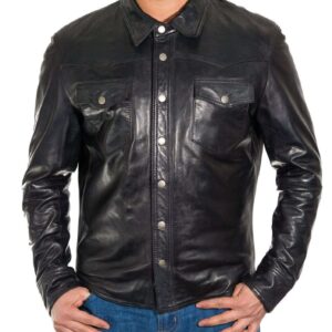 Men's Genuine Black Lambskin Leather Shirts Slim fit Police Military Style Shirt - leathersguru