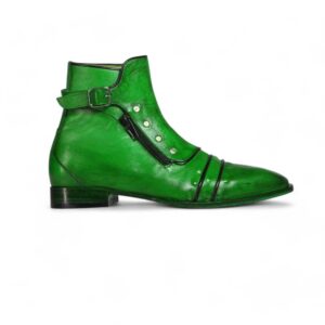 Men’s Green Ankle Cap Toe Buckle Leather Boot