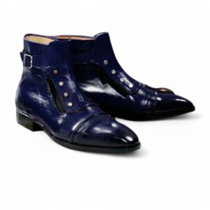 Men’s Handmade Ankle High Blue Leather With Buckle Style Boot, Cap Toe Boot