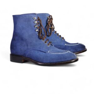 Men's Handmade Ankle High Blue Split Toe Suede Boot