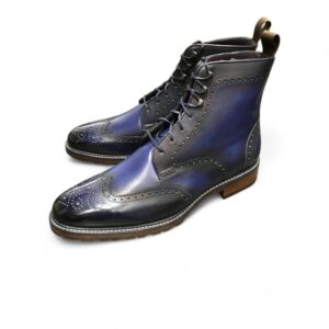 Men’s Handmade Ankle High Blue Wing Tip Brogue Leather Lace Up Boot