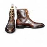 Men's Handmade Ankle High Brown Cap Toe Brogue Leather Lace Up Boot