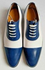 Handmade Men's Leather White Blue Cap Toe Shoes - leathersguru