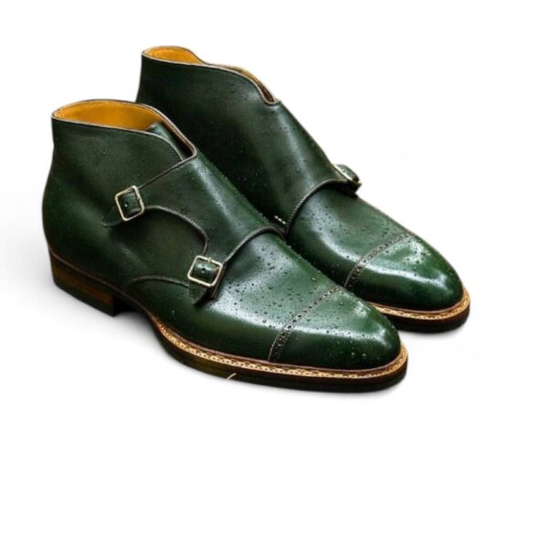 Men’s Handmade Green Leather Double Buckle Strap Shoes Men Shoes, Cap Toe Shoes