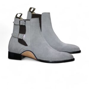 Men's Handmade Grey Suede Boot, Double Buckle Style Classic Boot