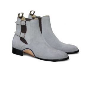 Men's Handmade Grey Suede Boot, Double Buckle Style Classic Boot