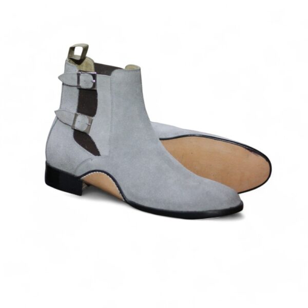 Men's Handmade Grey Suede Boot, Double Buckle Style Classic Boot