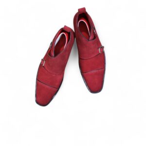 Men's Handmade Maroon Cap Toe Double Monk Strap Suede Shoes